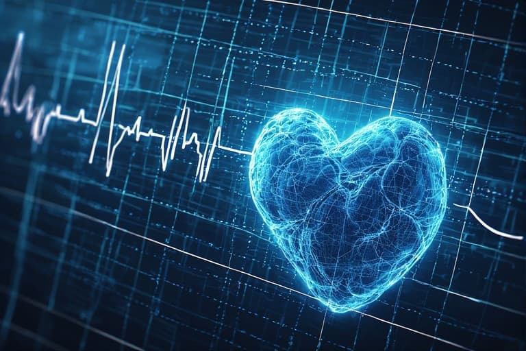 Blue wireframe heart with wave patterns