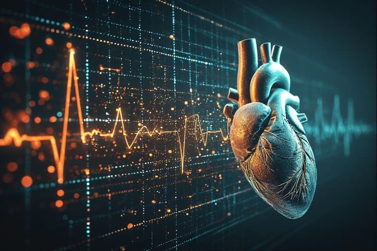 Digital heart with a glowing waveform overlay